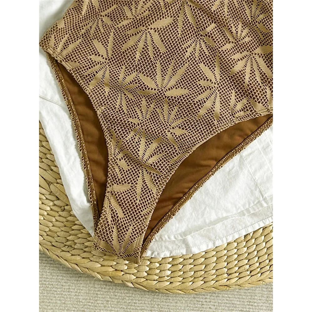 Vintage Coffee Leaves One‑Piece Swimsuit with Hollow Back - Sunnybikinis.