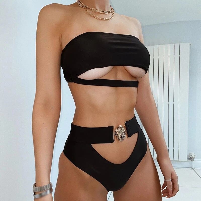 Vintage Snake Bandeau High Waist Belt Bikini Swimsuit - On sale