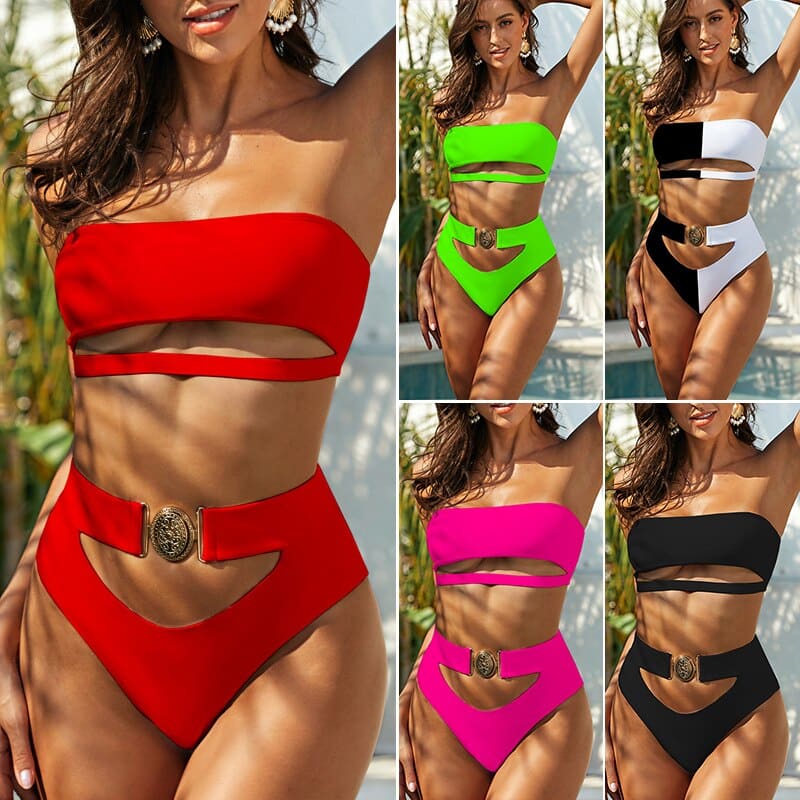Vintage Snake Bandeau High Waist Belt Bikini Swimsuit - On sale