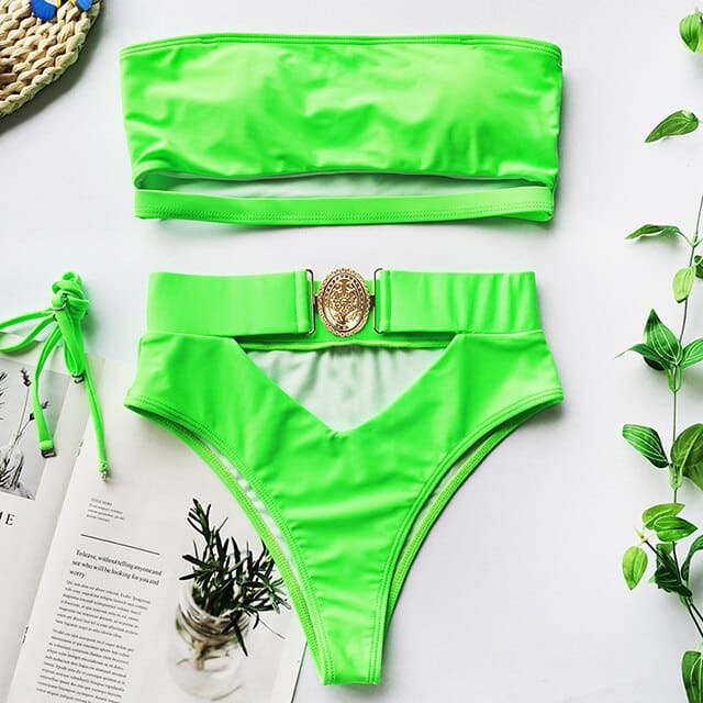 Vintage Snake Bandeau High Waist Belt Bikini Swimsuit - B905NeonGreen / S On sale