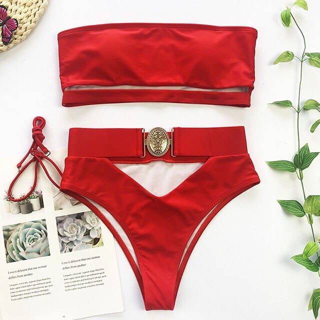 Vintage Snake Bandeau High Waist Belt Bikini Swimsuit - B905Red / S On sale