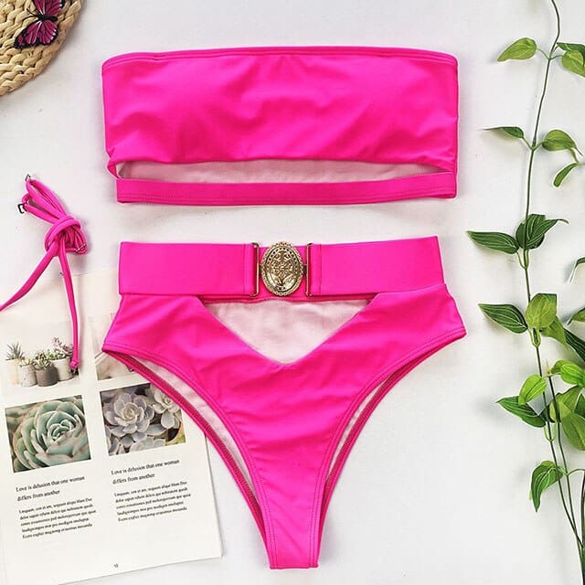 Vintage Snake Bandeau High Waist Belt Bikini Swimsuit - B905Rose / S On sale