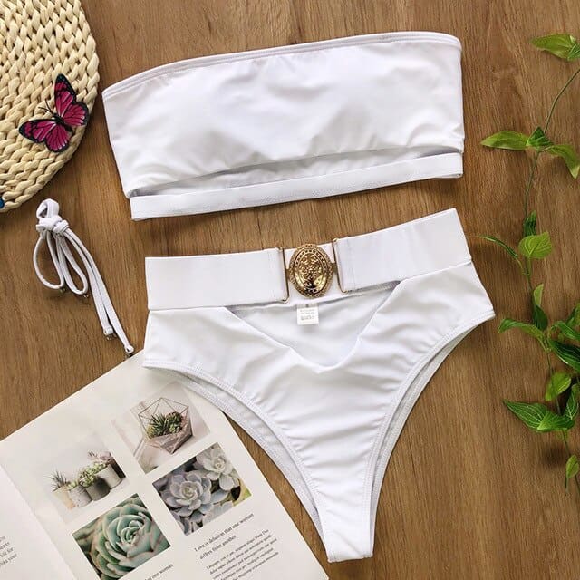 Vintage Snake Bandeau High Waist Belt Bikini Swimsuit - B905White / S On sale