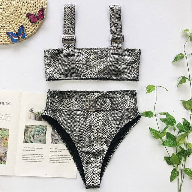 Vintage Snake Bandeau High Waist Belt Bikini Swimsuit - B922SIlver / S On sale