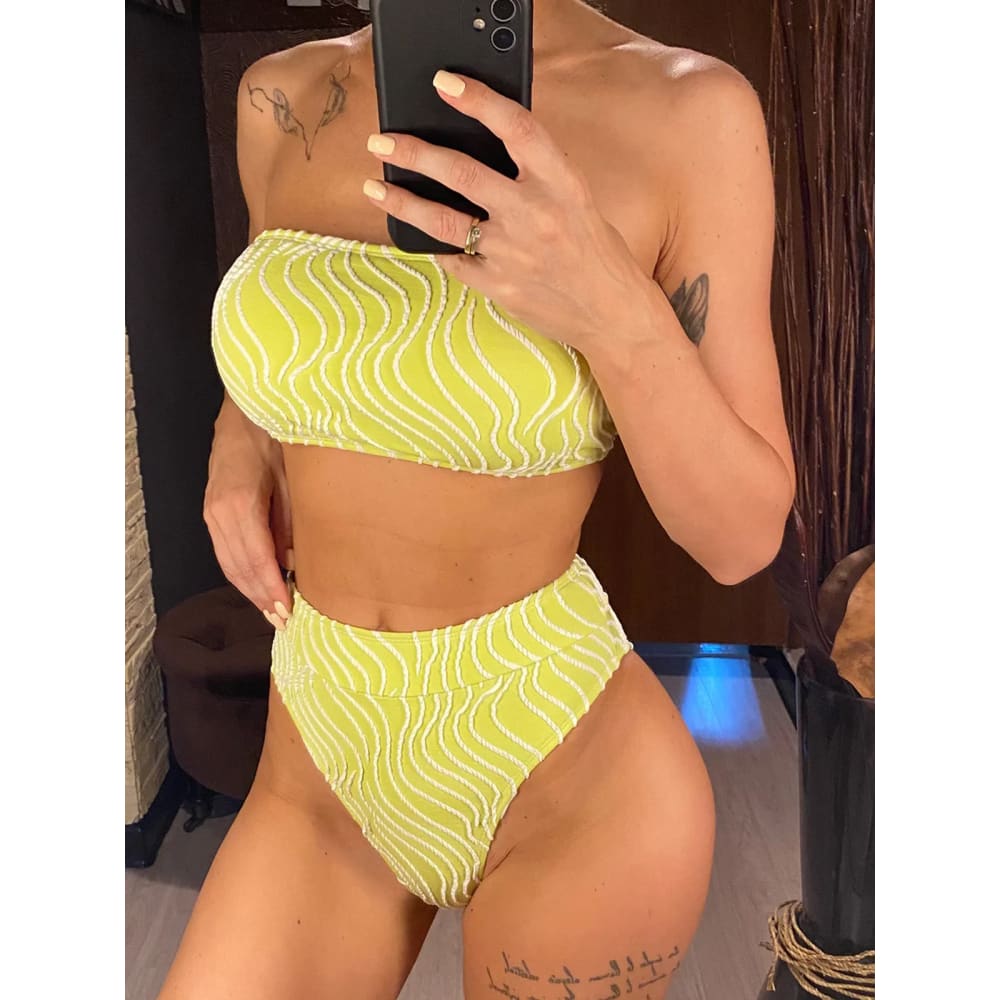 Wave Striped Bandeau High Waist Bikini Set for Women - green / S On sale