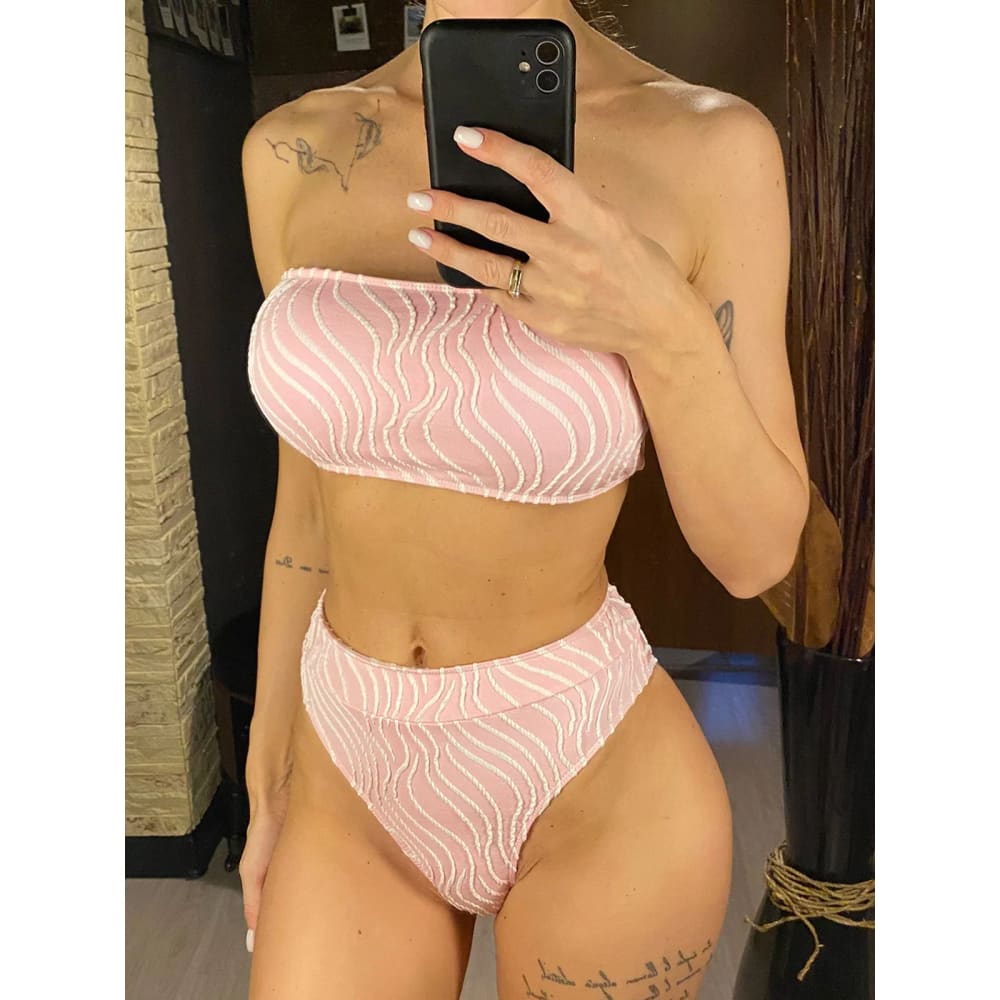 Wave Striped Bandeau High Waist Bikini Set for Women - Pink / M On sale