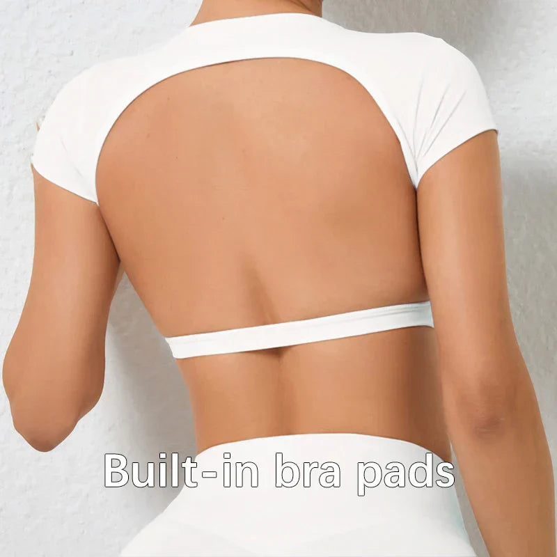 White backless sports crop top, built-in bra pads
