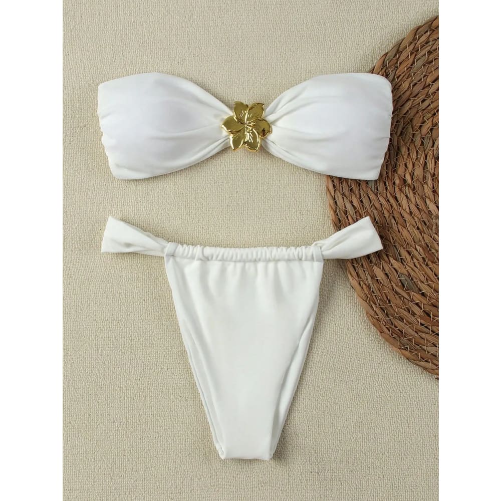White bandeau push up bikini set with gold floral clasp and brazilian thong bottoms with tied side ties for women