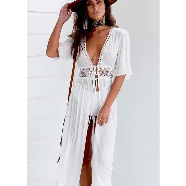 White V Neck Crochet Trim Maxi Cover Ups - white / L On sale