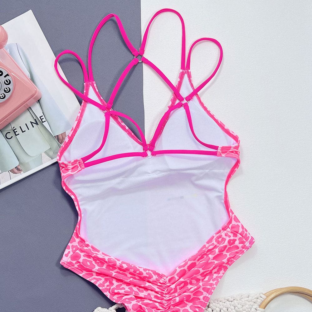 Wild Contrast Leopard Deep V One Piece Swimsuit - On sale