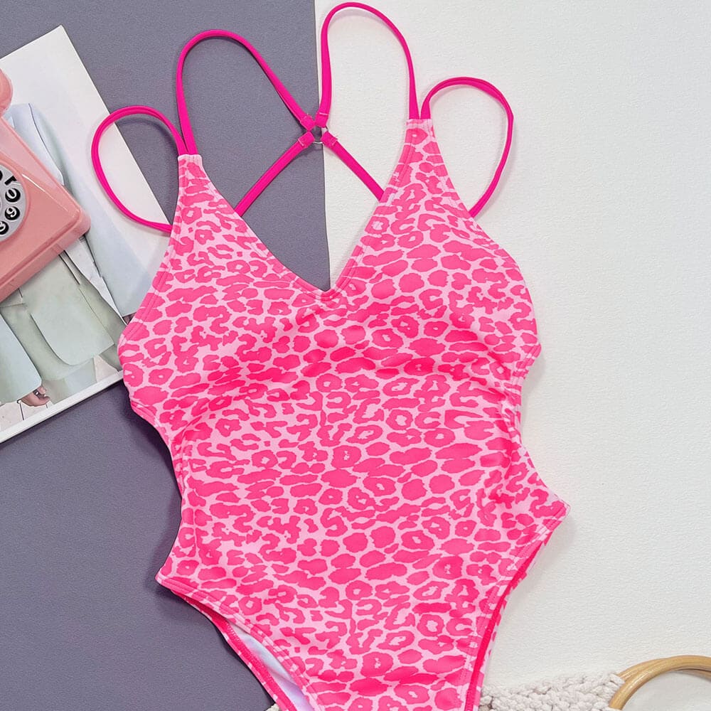 Wild Contrast Leopard Deep V One Piece Swimsuit - On sale