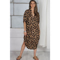 Leopard-print oversized beach cover-up, midi length, V-neck with short sleeves