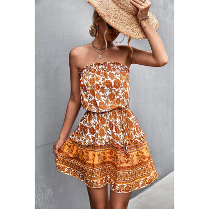 Women’s Bohemian Floral Strapless Summer Dress - Orange / L On sale