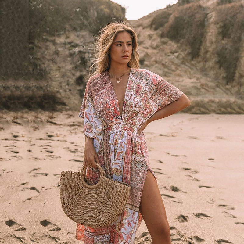 Women’s Flowers Printed Dress Bohemian Irregular Beach Clothes - Pink / L On sale