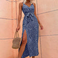 Women’s Floral V-neck Lace-up Long Skirt Summer Dress - Blue / L On sale