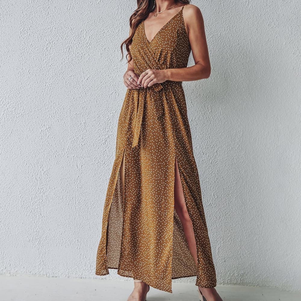 Women’s Floral V-neck Lace-up Long Skirt Summer Dress - Khaki / L On sale