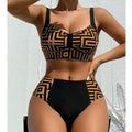 Geometric push-up bikini top and high-waist bottoms in black with tan-and-white maze print