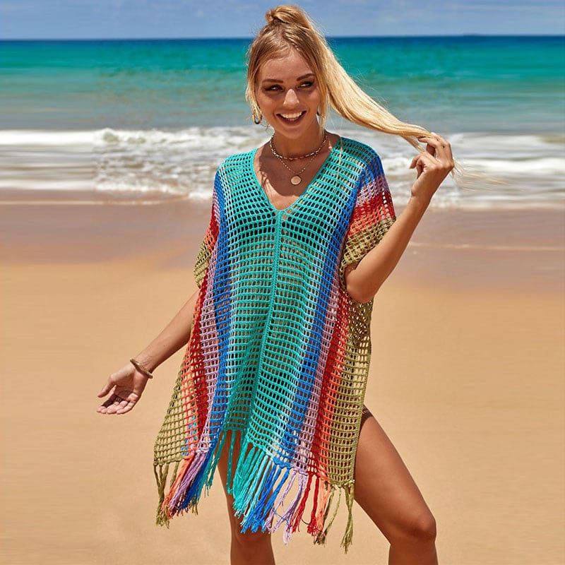 Women’s Knitted Colorful Striped Beach Cover Ups - 2 Style / One size On sale