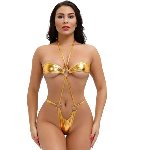 Women’s mini leather bikini set, gold metallic halter bra and thong bottom