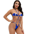 Metallic blue bikini set: cross halter straps with small bandeau top and thong bottom