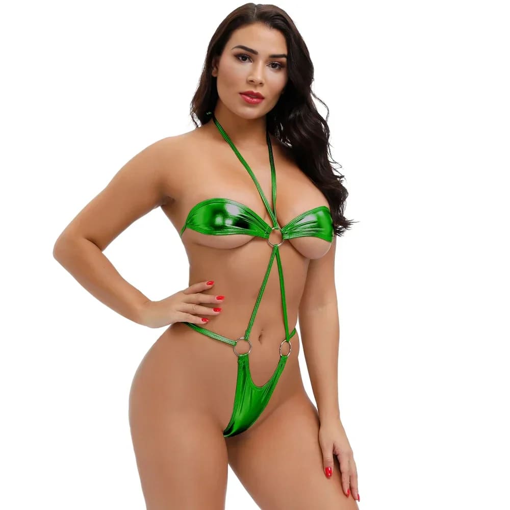 Women’s Mini Leather Bikini Set | Sexy Halter Thong Swimwear - Green / 40-65kg / CHINA
