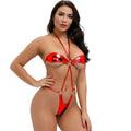 Women’s mini leather bikini set, shiny red halter top with ring-front thong bottom