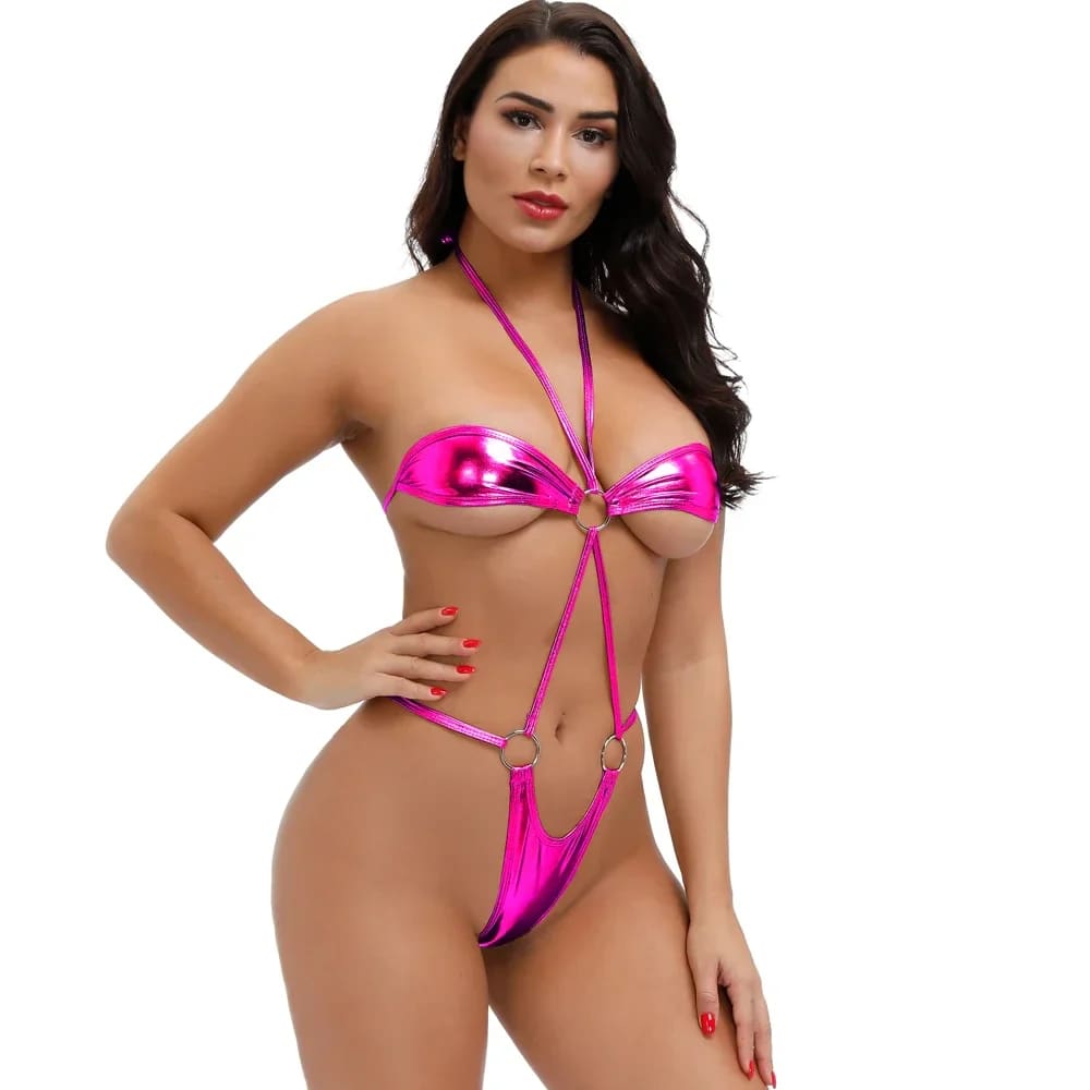 Women’s Mini Leather Bikini Set | Sexy Halter Thong Swimwear - Rose Red / 40-65kg / CHINA