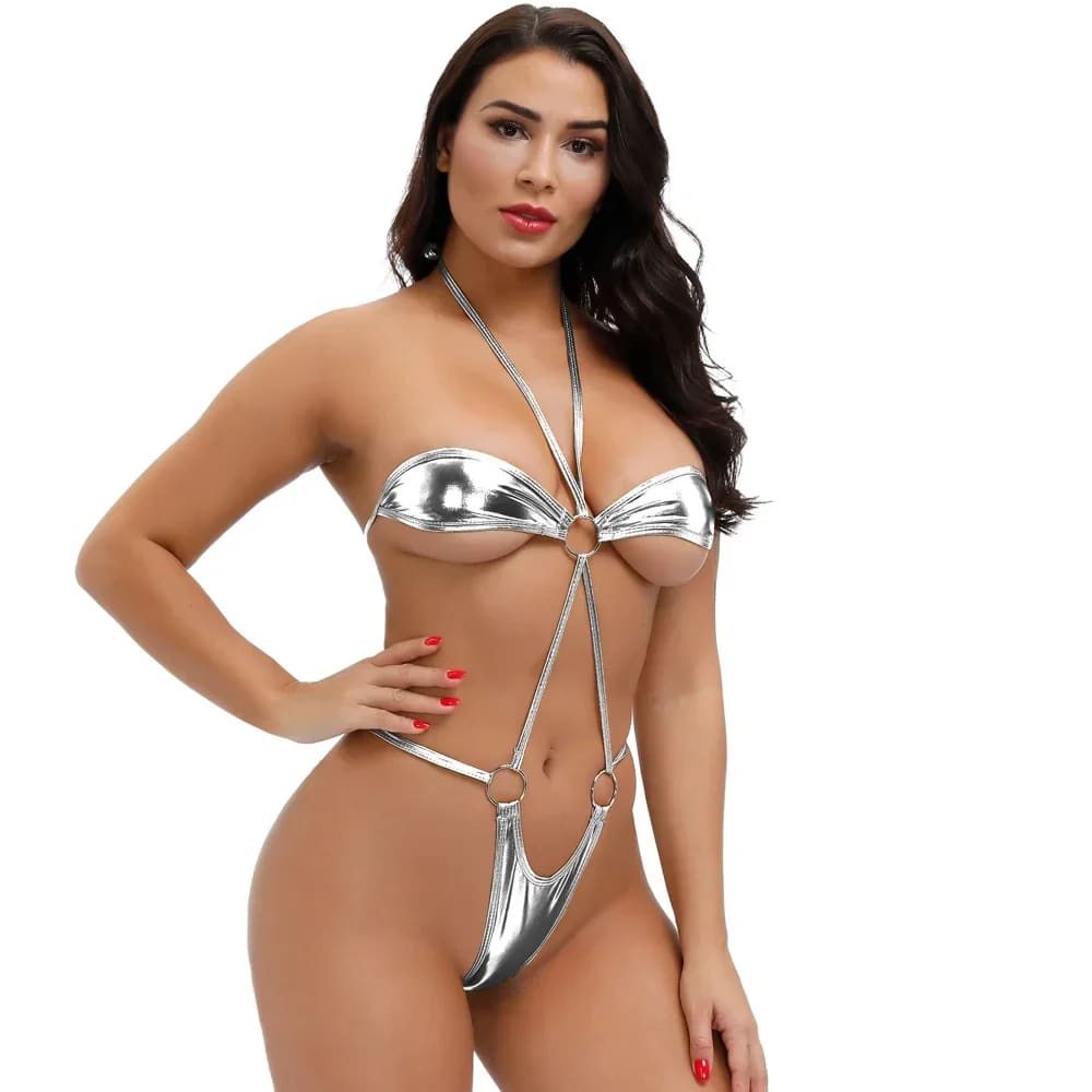 Women’s Mini Leather Bikini Set | Sexy Halter Thong Swimwear - Silver / 40-65kg / CHINA