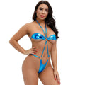 Women’s mini leather bikini set, metallic blue halter bandeau with thong and ring straps