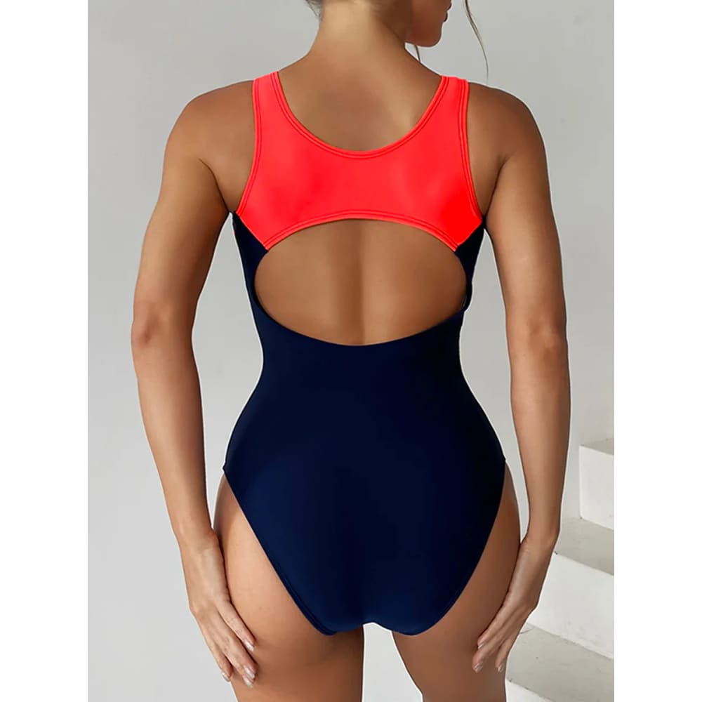 Women’s Round Neck Color Block Athletic Mesh Swimsuit - On sale