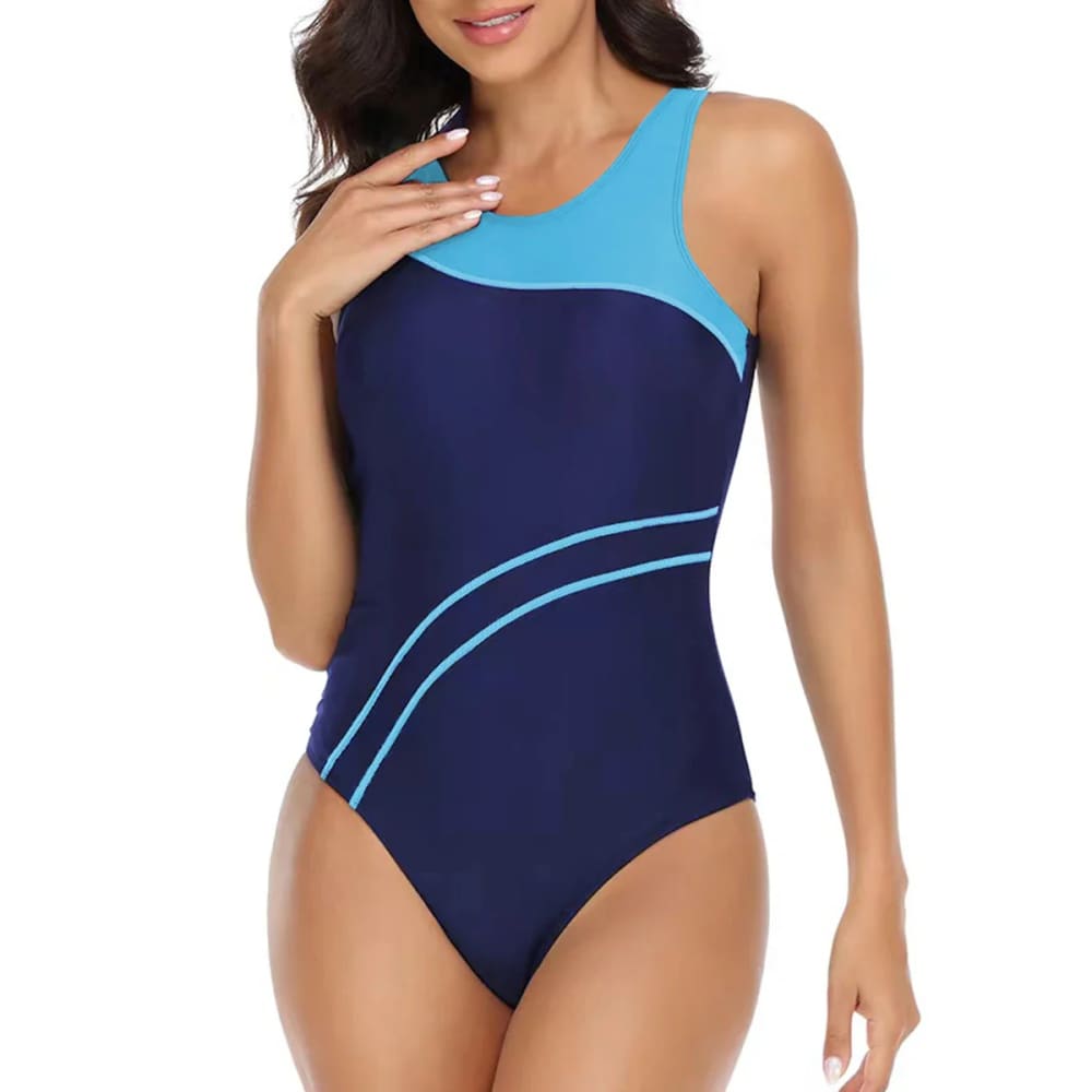 Women’s Round Neck Color Block Athletic Mesh Swimsuit - Blue / XXL On sale