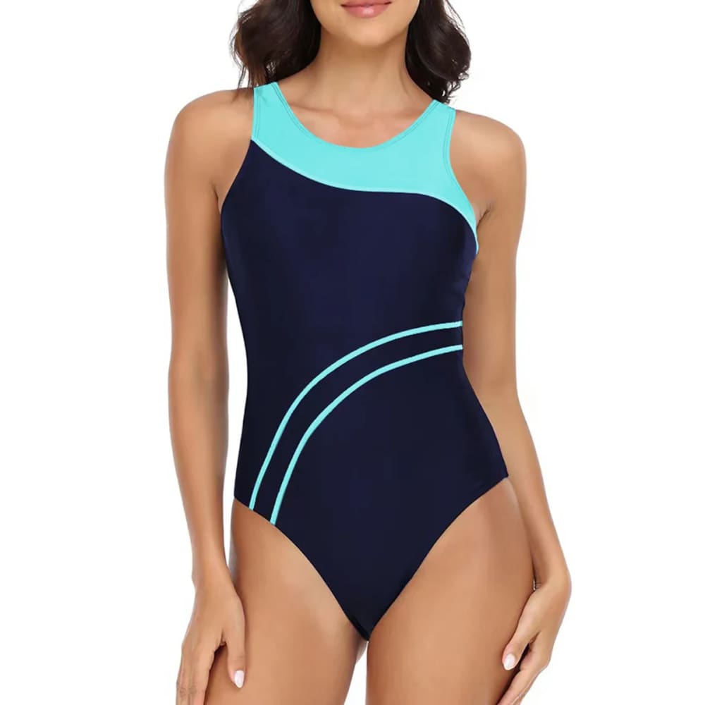 Women’s Round Neck Color Block Athletic Mesh Swimsuit - Green / XXL On sale