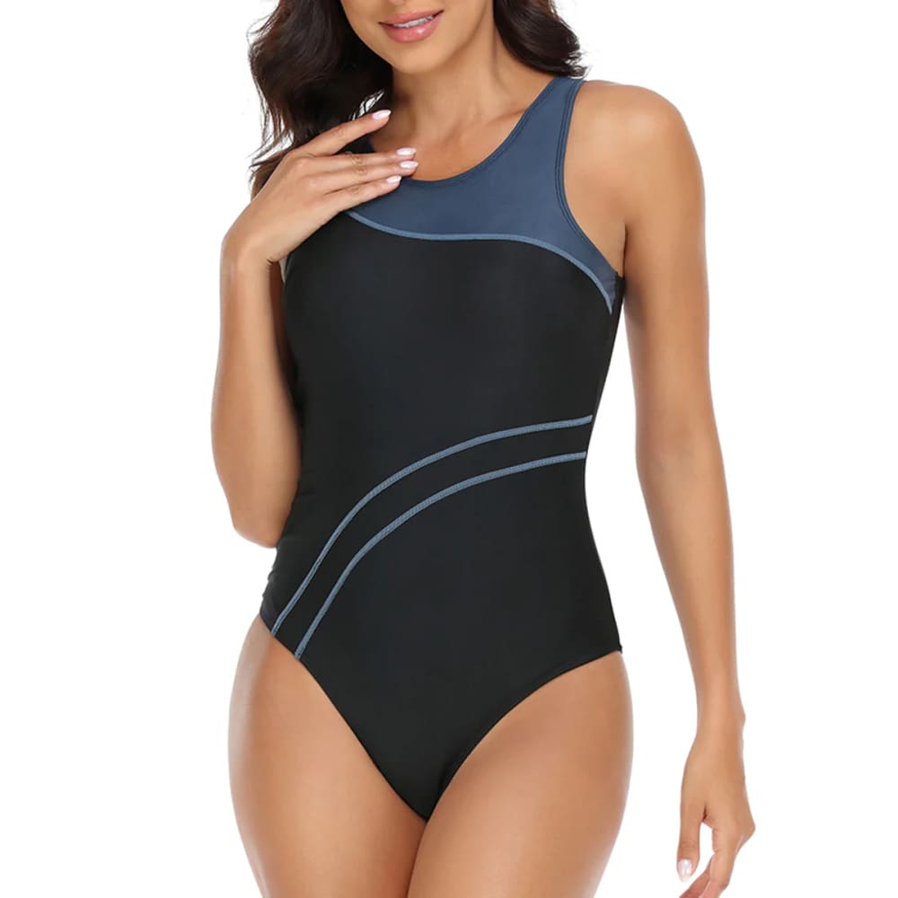 Women’s Round Neck Color Block Athletic Mesh Swimsuit - Grey / L On sale