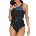 One-piece athletic swimsuit with dark body, light blue collar, and curved piping