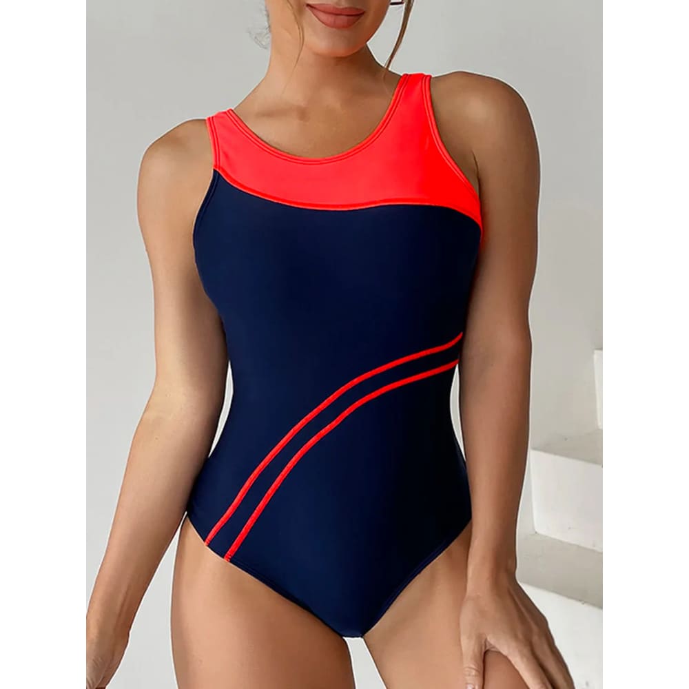 Women’s Round Neck Color Block Athletic Mesh Swimsuit - Red / XL On sale