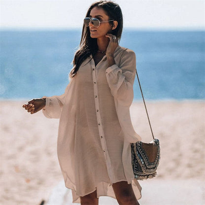 Women’s Single-breasted Beach Sunscreen Shirt Dress - Apricot / One size On sale