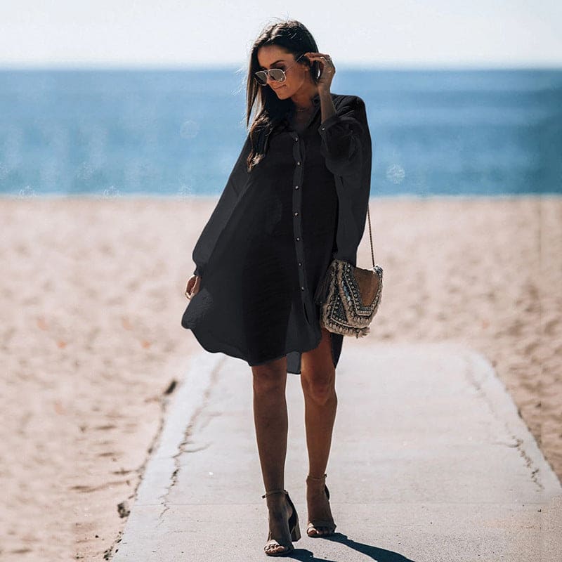 Women’s Single-breasted Beach Sunscreen Shirt Dress - Black / One size On sale
