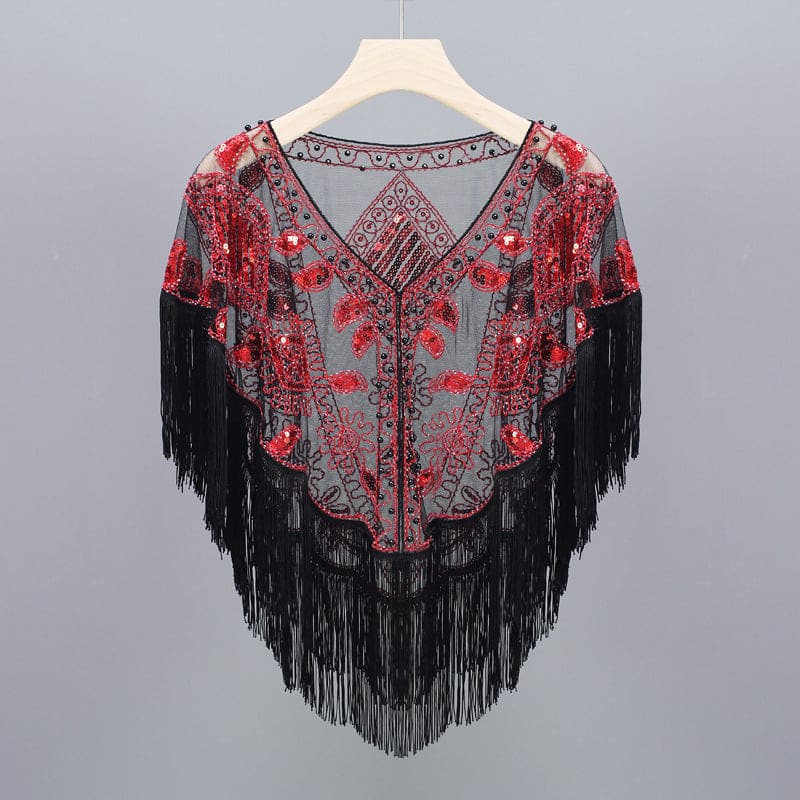 Women’s Vintage Tassels Sequined Shawl - Black And Red On sale