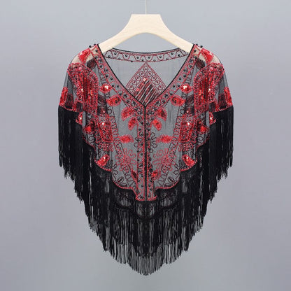 Women’s Vintage Tassels Sequined Shawl - Black And Red On sale