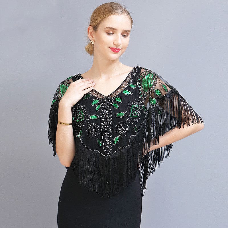 Women’s Vintage Tassels Sequined Shawl - Black Green On sale