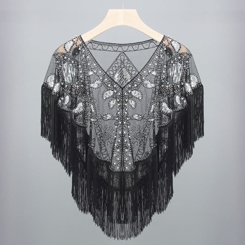 Women’s Vintage Tassels Sequined Shawl - Black Silver On sale