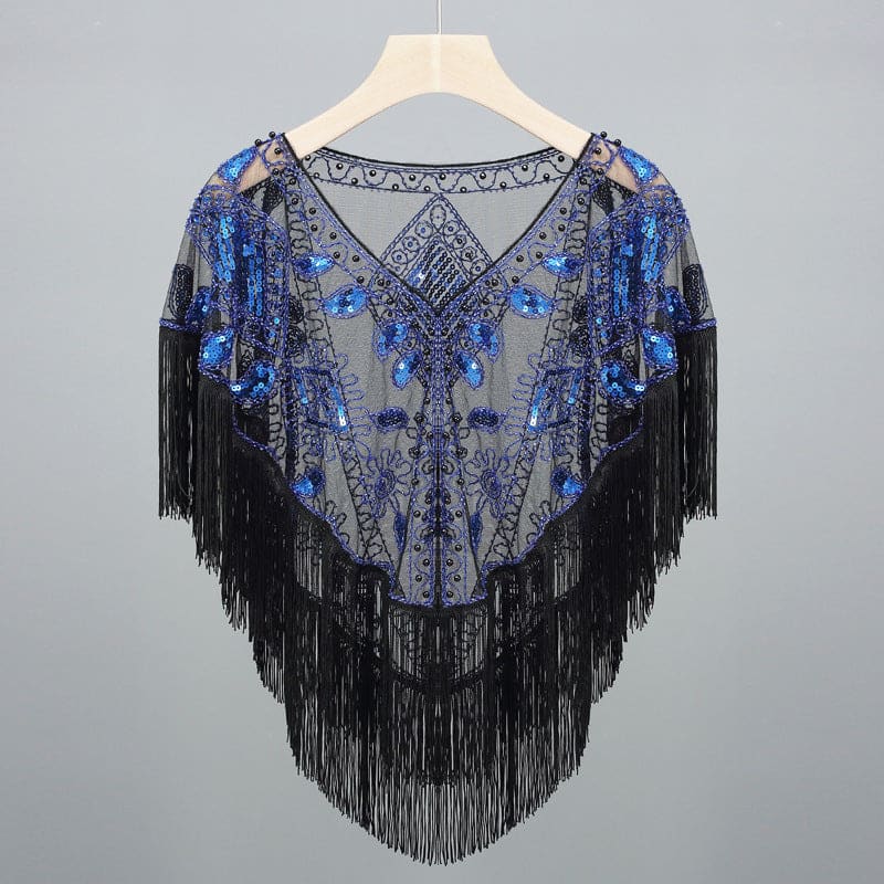 Women’s Vintage Tassels Sequined Shawl - Blackish Blue On sale