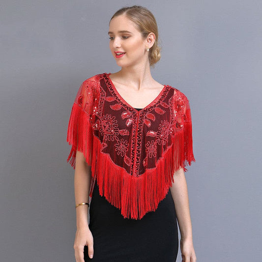 Women’s Vintage Tassels Sequined Shawl - Red On sale