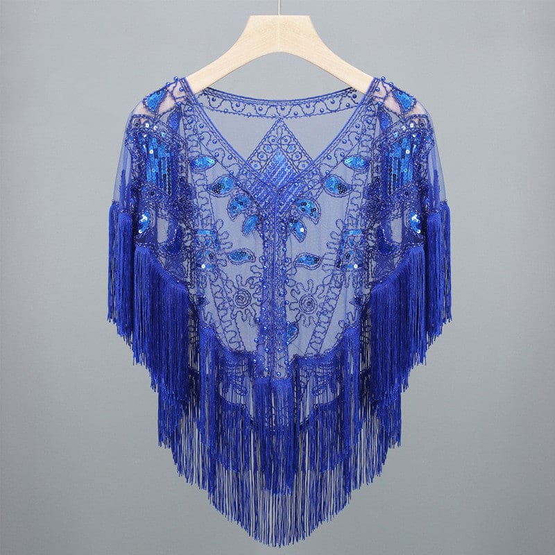 Women’s Vintage Tassels Sequined Shawl - Sapphire Blue On sale
