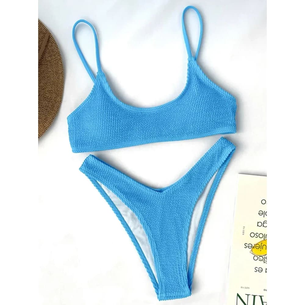 Wrinkled Triangle Bikini Set – 7 Colors Two-Piece Swimwear - Blue / M On sale