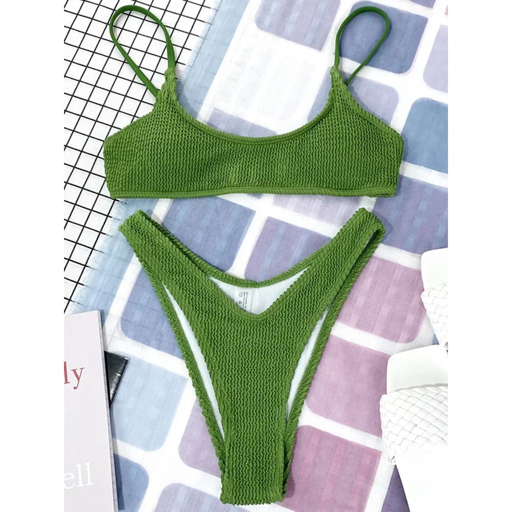 Wrinkled Triangle Bikini Set – 7 Colors Two-Piece Swimwear - Green / S On sale