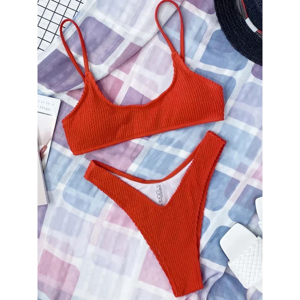 Wrinkled Triangle Bikini Set – 7 Colors Two-Piece Swimwear - Red / S On sale