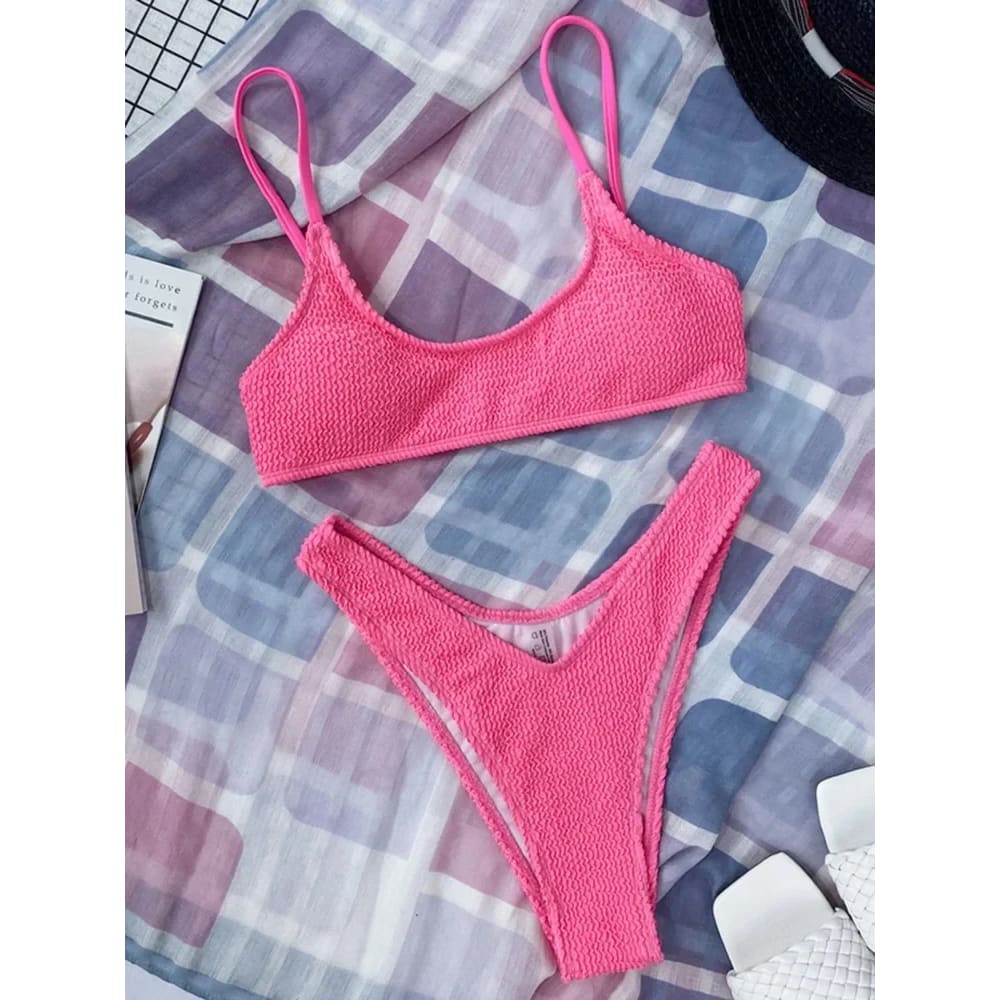 Wrinkled Triangle Bikini Set – 7 Colors Two-Piece Swimwear - Rose / S On sale
