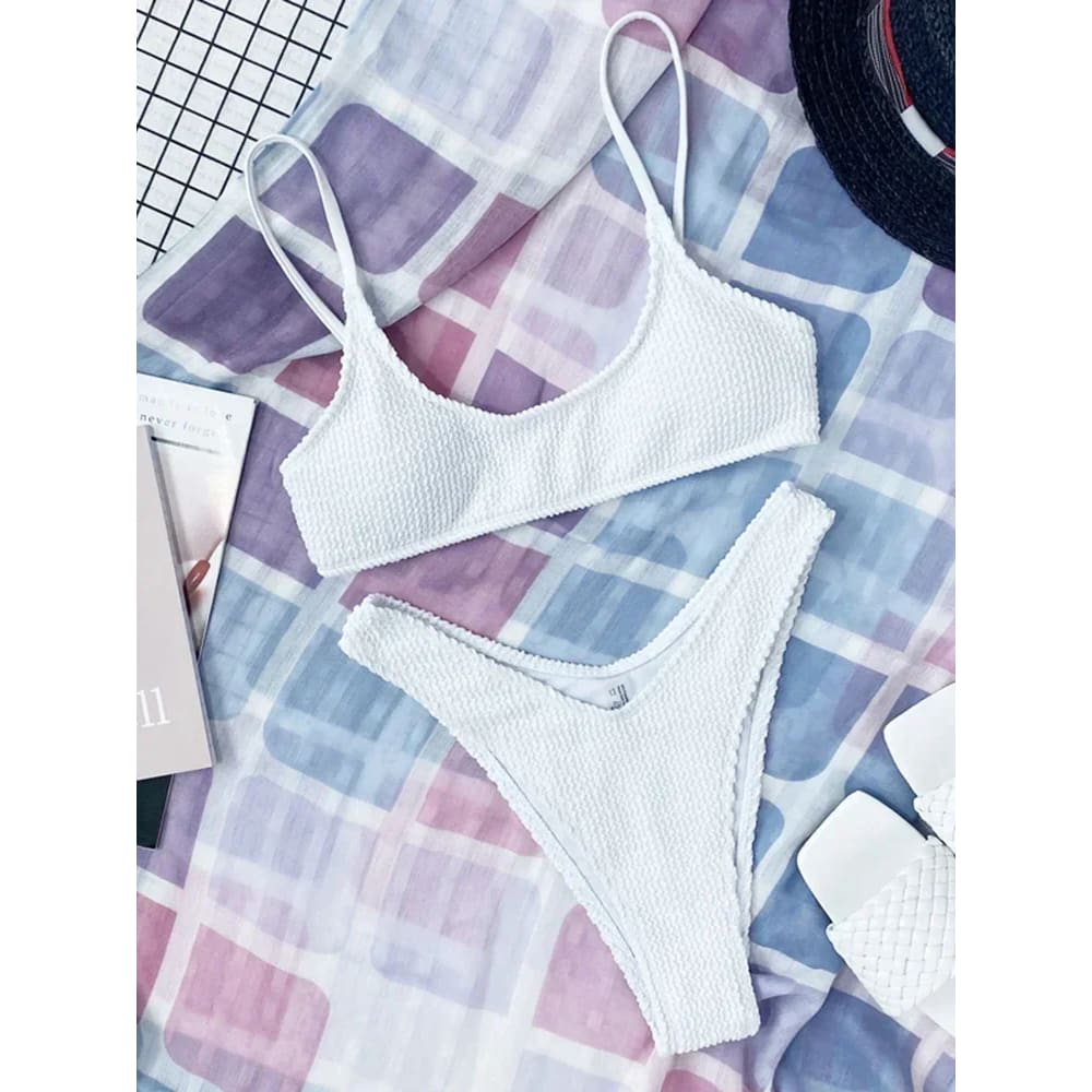 Wrinkled Triangle Bikini Set – 7 Colors Two-Piece Swimwear - White / S On sale