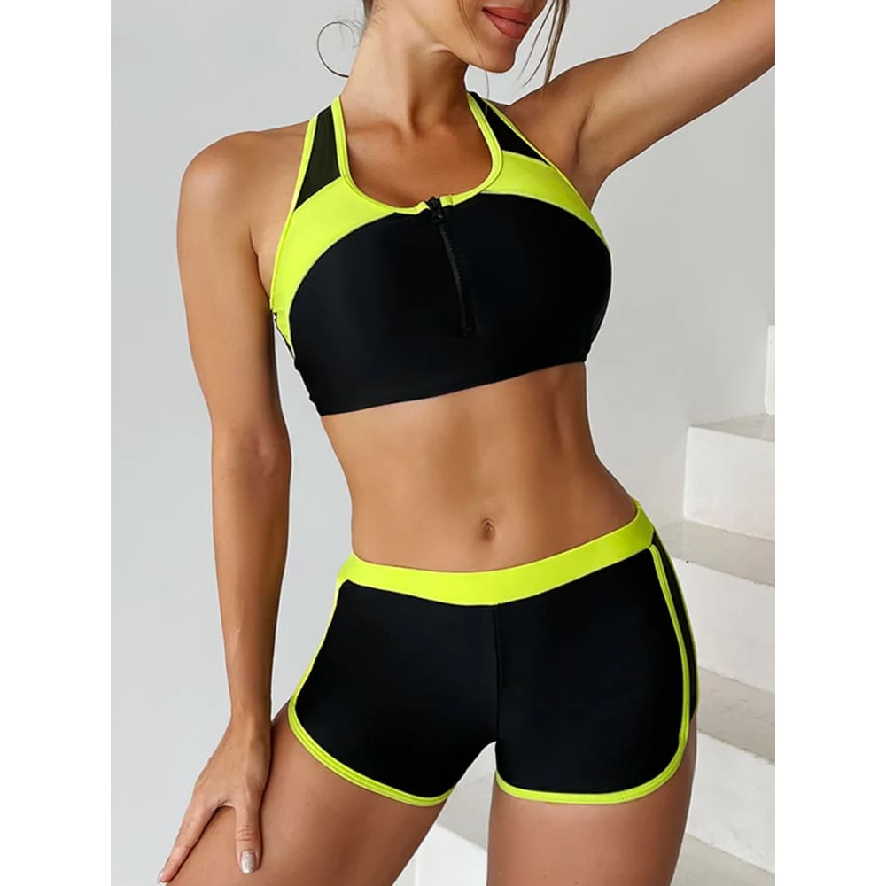 Zipper Bikini Set with Boxer Shorts – Sports Swimwear - On sale